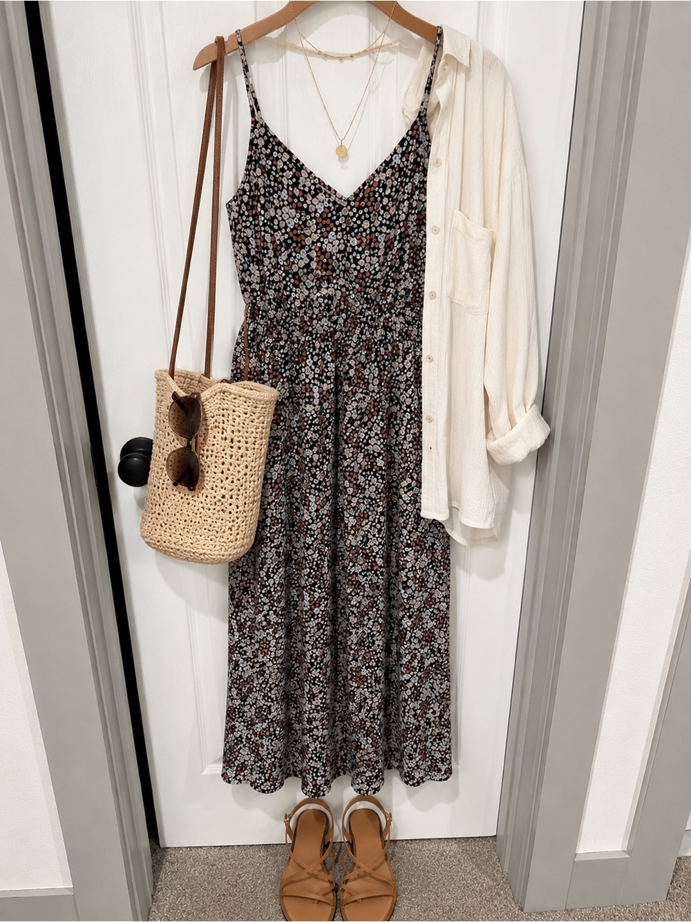 LOFT Brown Floral V-Neck Spaghetti-Strap Midi Dress